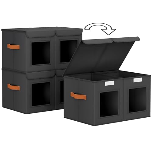 Large Closet Storage Bins - Collapsible Divided Clothes Organizer with Lids & Dual Window, Fabric Organizing Bins for Clothes, Sweater, Bedroom, Office (Black, 2 Pack) - color: Black, size: L(2-Pack)