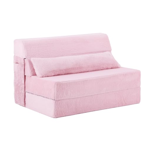 Convertible Folding Sofa Bed Mattress with Pillow & Side Pocket, Plush Fabric Floor Mattress Couch Bed, Washable Cover, Twin Size, Pink - color: Plush Pink, size: Twin Size