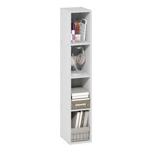 Pemberly Row 4-Tier Slim Narrow Bookcase, 41.6 in Tall Engineered Wood, White Finish, Contemporary Style, Compact Storage Shelves for Books, Living Room, Bedroom, Dorm or Home Office