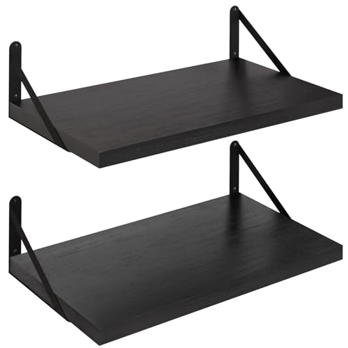 SAUMONIER Floating Shelves Bookshelf for Bedroom Bathroom Living Room Wood Wall Mounted Wide Deep Storage, Black Painted 24 Inch Shelves Set of 2 - color: Black Painted, size: 24 Inch