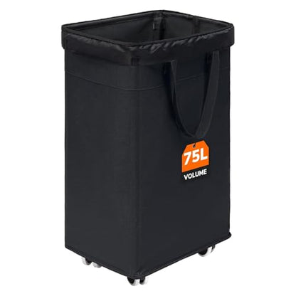 CHICVITA 75L Slim Rolling Laundry Basket with Wheels & Wash Bag, Black | Carry handle for easy moving to laundry room. Removable wash bag, slim design fits tight spaces - color: Black, size: 75L (15.7"L x 11.8"W x 24.8"H)