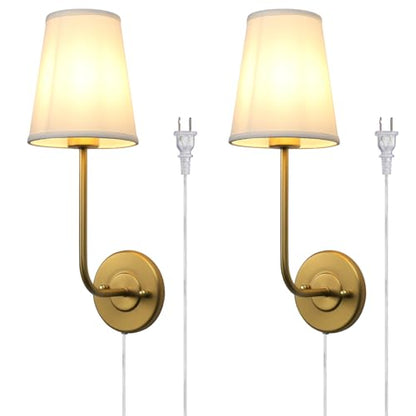 Set of 2 Plug in Wall Sconces, Rustic Wall Lighting Fixtures with On/Off Switch and Pure White Fabric Lampshade, Antique Brass Wall Lamps for Living Room Bedroom - size: 2-pack