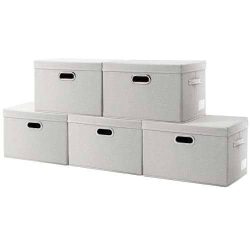 Collapsible Storage Bin with Lid [5-Pack] Fabric Foldable Storage Box Organizer Container Basket Cube with Cover for Home Bedroom Closet Office Beige(15.3x10x9.7) - color: Beige, size: M(5-Pack)