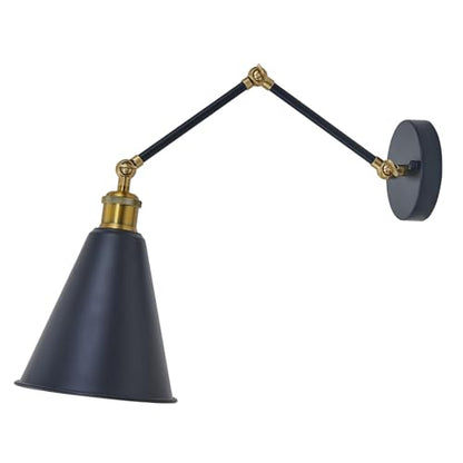 Swing Arm Wall Sconce Black Gold, 7" Metal Cone Shade | Farmhouse Wall Light, Adjustable Dual-Joint Arm, Industrial Wall Lamp, Antique Brass Accents for Bedroom Reading Living Room