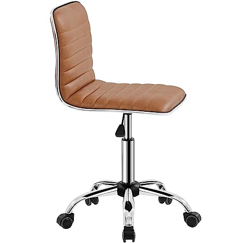 Topeakmart Ribbed PU Leather Armless Desk Chair, Swivel Chair, Retro Brown | Cushioned ribbed PU leather low-back seat slides neatly under desks. Seat height adjusts 18.3–24.2 in, quick assembly for use - color: Retro Brown