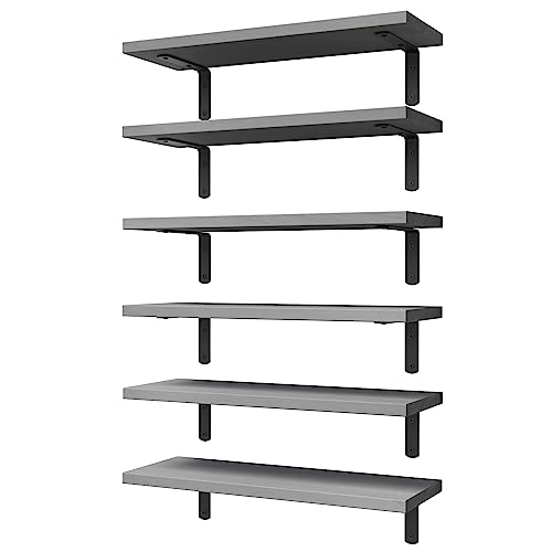 Wood Floating Shelves Set of 6, Shelves for Wall Decor, Farmhouse Shelf for Bedroom, Bathroom Storage Shelves, Book Shelves for Living Room-Grey - color: Grey, size: 16.5 Inch