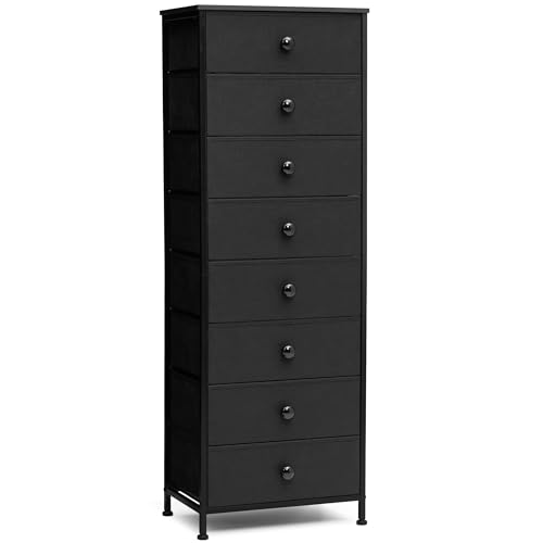 Fabric Dresser for Bedroom, 8 Drawer Tall Vertical Skinny Tower (Black) | Wooden Top, Steel Frame, Easy Pull Bin,Organizer Unit for Living Room, Hallway, Entryway, Nursery, Closets - color: Black, style: Narrow-8 Drawers