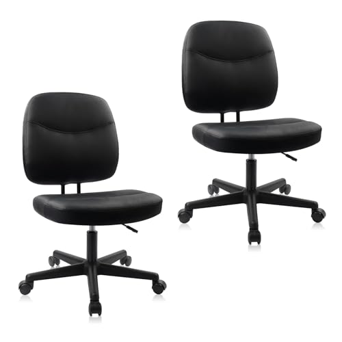 CLATINA Armless Home Office Chair, Small PU Leather Ergonomic Low Back Desk Chair with Lumbar Support and Wheels, Adjustable Height 360° Swivel Rolling Computer Task Chair, Black, 2 Pack - color: Black-heihu, size: 2 Pack