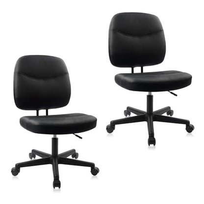 CLATINA Armless Home Office Chair, Small PU Leather Ergonomic Low Back Desk Chair with Lumbar Support and Wheels, Adjustable Height 360° Swivel Rolling Computer Task Chair, Black, 2 Pack - color: Black-heihu, size: 2 Pack