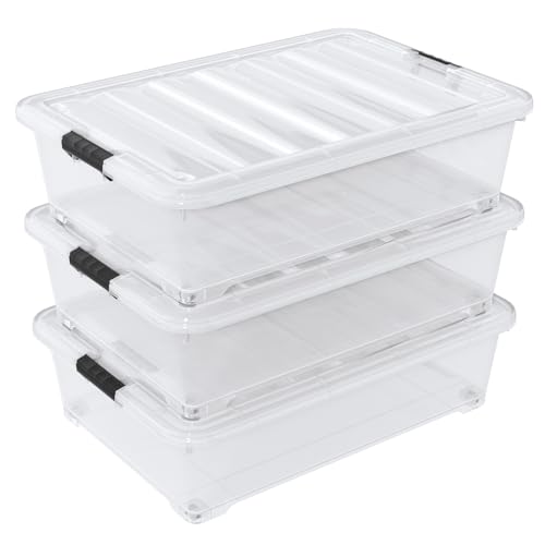 50 Quart Large Clear Underbed Latch Storage Bin with Lid, 3 Packs | Stackable Flat Latching Under Bed Organization Container Boxes with Wheels - size: 50 Quart