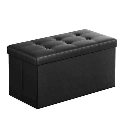 SONGMICS MAZIE Collection - 30 Inches Folding Storage Ottoman Bench, Ottoman with Storage, Foot Rest Stool, Load 660 lb, for Living Room, Synthetic Leather, Black ULSF105 - color: Black, size: 15"D x 30"W x 15"H