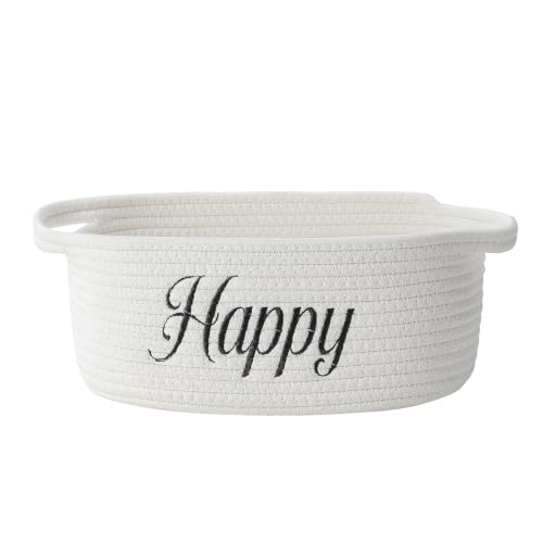 Gift Basket Empty small woven cute Rope baby basket- Gifts for Mom Shower | baby basket- Gifts for Mom Shower Birthdays wedding wicker Cotton Storage Basket for Dog Toys Shelf Easter Basket - color: White-Happy
