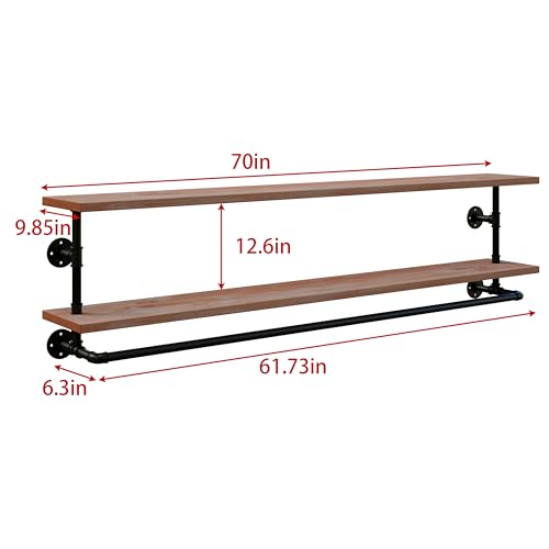 Clothes Rack 70in, 2-Tier Wall Mounted Garment Rack with Real Wood Shelf, Heavy Duty Hanging Clothes Rack, Multi-Purpose Hanging Rod, Space-Saving Closet Storage - color: Brown, size: 2T70IN