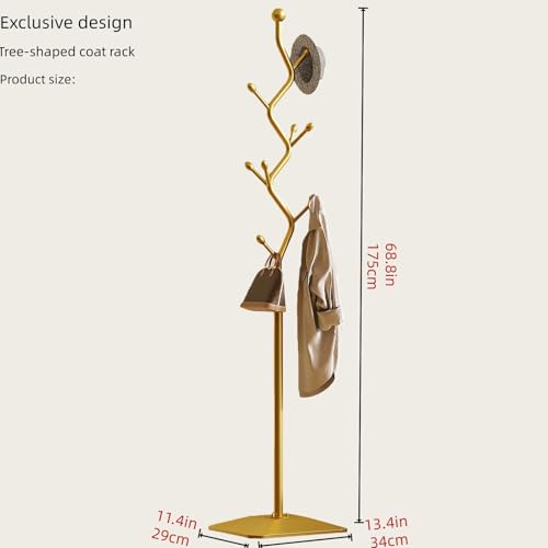 8-Hook Metal Coat Rack Stand, Freestanding Coat Tree | Sturdy anti-tip coat organizer for entryways, bedrooms, dorms, and offices with space-saving storage design. - color: gold