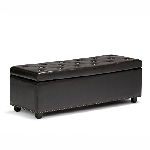 SIMPLIHOME Laura 36" Wide Vegan Leather Storage Ottoman in Saddle Brown | Transitional ottoman with tufting and lift-up lid; rectangle storage bench for living room or entryway. - color: Tanners Brown, size: 48 inch