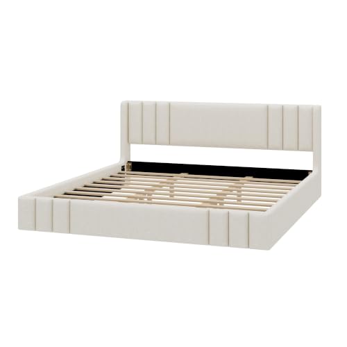 VilroCaz King Size Linen Upholstered Platform Bed Frame with Thick Fabric Headboard, No Box Spring Needed (Beige-6.17, King) - color: Beige-6.17, size: King