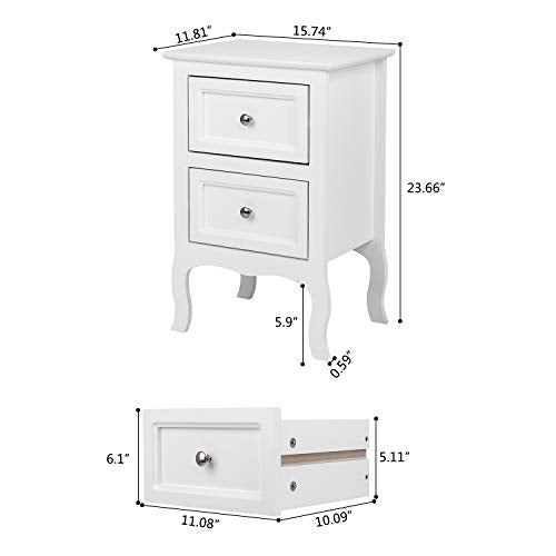 Bonnlo White Nightstand Set of 2, Nightstands with 2 Drawers, Bed Side Table/Night Stand, Small Nightstand for Bedroom, Small Spaces, College Dorm, Kids’ Room, Living Room, Wood, 16W x 12D x 24H - color: White