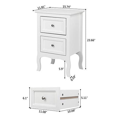 Bonnlo White Nightstand Set of 2, Nightstands with 2 Drawers, Bed Side Table/Night Stand, Small Nightstand for Bedroom, Small Spaces, College Dorm, Kids’ Room, Living Room, Wood, 16W x 12D x 24H - color: White