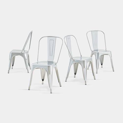 AC Pacific 18 Inch Seat Height Industrial Metal Dining Chairs, Stackable Kitchen or Bar Seat, Durable Modern Design, Versatile Accent Furniture, Set of 4, Silver - color: Silver, size: Set of 4