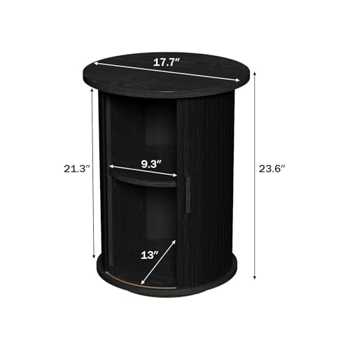 Wnutrees Round Fluted End Table, Small Accent Pedestal Side Table, Black | Wood Nightstand with Sliding Door & 2 Tier Shelf, Bedside Unit for Living Room, Bedroom - color: Black