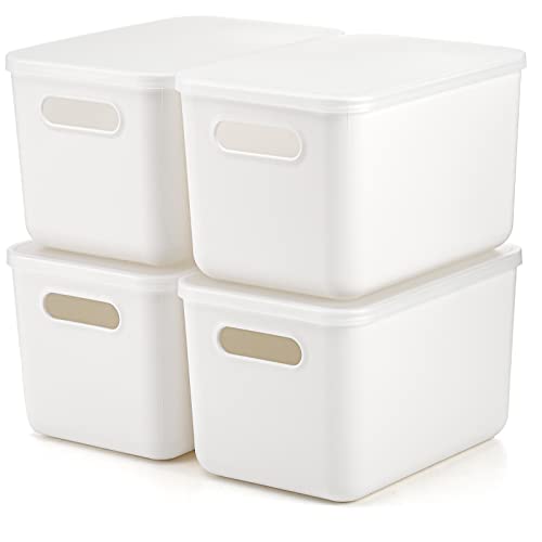 Lawei 4 Pack Plastic Storage Bins with Lid, White Stackable Storage Basket Organizer Box, Sturdy Containers Organizing Lidded Bins for Shelves, Cabinet, Desk, Pantry, Bedroom, Book, Toys