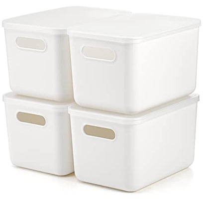 Lawei 4 Pack Plastic Storage Bins with Lid, White Stackable Storage Basket Organizer Box, Sturdy Containers Organizing Lidded Bins for Shelves, Cabinet, Desk, Pantry, Bedroom, Book, Toys
