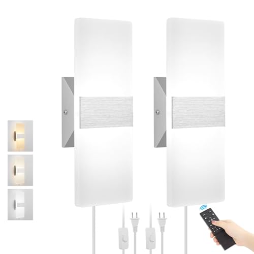 GOODATE Plug in Wall Sconces with Stepless Adjustable 3000K-6500K Colors and 10%-100% Brightness, Sconces Wall Lighting with Remote Control 12W Acrylic LED Wall Lamp with 6FT Plug in Cord, 2 Pack - size: 2 PACK, Silver
