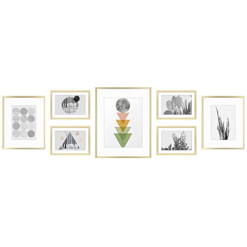Golden State Art 7 Pack Gold Aluminum Frame with White Mat, Real Glass | Includes One 11x14, Two 8x10, Four 5x7 Frames with Sawtooth Hangers for Wall Mounting. Great for gallery wall - color: Gold, size: Style 2