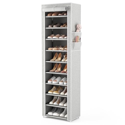 VTRIN Vertical Narrow Shoe Rack Organizer Tall Shoe Rack for Closet Entryway 10 Tier Non-Woven Cover Shoe Shelf Holds 20-22 Pairs Free Standing Shoe Storage Cabinet with Dustproof Cover, Multi Color - color: Light Grey, size: 17.7"W x11.8"D x 68.9"H