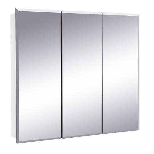 Design House Cyprus Bathroom Medicine Cabinet with Mirror, 25 Inch Recessed or Surface Mount Cabinet, 3 Frameless Mirrored Doors, 2 Shelves, White, Pre-Assembled, 597484 | Adjustable Shelves, Wall Mount, Contemporary/Modern, Wood, Bath, 597484 - size: 25