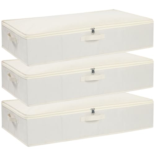 Underbed Storage Organizers,Beige,3 Pack,31.5x15.7x5.9 Inch | Under Bed Storage Container with Lids,Fabric Boxes,Drawer Organizer Bags,Foldable Baskets for Bedroom - color: Beige, size: 31.5x15.7x5.9in(3-Pack)