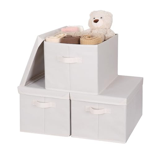 WUIKE Closet Storage Bin with Lids, Decorative Fabric Storage Bins for Clothes, Collapsible Storage Boxes for Home and Closet Organization, Beige, Extra Large, 3-Pack - color: Beige, size: Extra Large