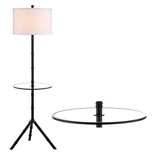 JONATHAN Y Hall 62" Metal LED End Table Floor Lamp, Oil Rubbed Bronze | 20.5" Round Surface, White Linen Drum Shade, Modern Tripod Base, Standing Light, Living Room, Bulb Included - color: Oil-Rubbed Bronze