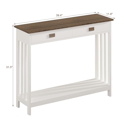 ChooChoo 39" Farmhouse Entryway Table with Drawer, White and Brown | 11.8"D x 39.4"W x 31.5"H, Narrow Console Table with Storage Shelf, Sofa Table for Living Room, Entryway, and Hallway - color: White&brown, size: 11.8"D x 39.4"W x 31.5"H