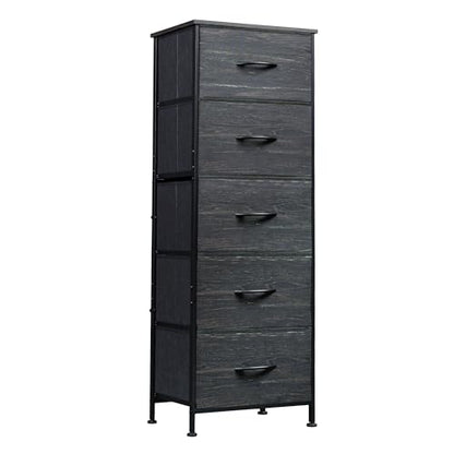 WLIVE 5 Drawer Dresser for Bedroom, Tall Chest of Drawers, Black Wood Grain | 5 vertical fabric drawers, Tall vertical design, Bedroom or closet use, Dresser for small spaces, Sturdy steel frame - color: Charcoal Black Wood Grain Print