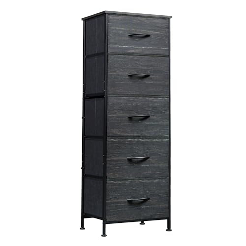 WLIVE 5 Drawer Dresser for Bedroom, Tall Chest of Drawers, Black Wood Grain | 5 vertical fabric drawers, Tall vertical design, Bedroom or closet use, Dresser for small spaces, Sturdy steel frame - color: Charcoal Black Wood Grain Print