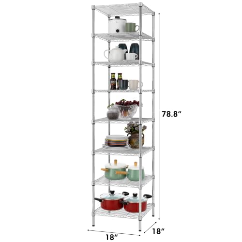 Finnhomy Heavy Duty 8 Tier Wire Shelving, 18x18x78.8 inches 8 Shelves Storage Rack with Thicken Steel Tube, Pantry Shelves for Storage, Adjustable Metal Shelving Unit, NSF Certified, Chrome - size: 78.8"H-Chrome