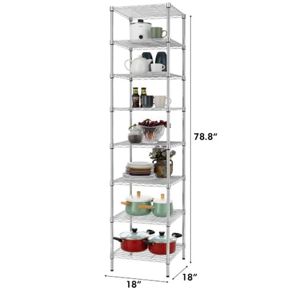 Finnhomy Heavy Duty 8 Tier Wire Shelving, 18x18x78.8 inches 8 Shelves Storage Rack with Thicken Steel Tube, Pantry Shelves for Storage, Adjustable Metal Shelving Unit, NSF Certified, Chrome - size: 78.8"H-Chrome
