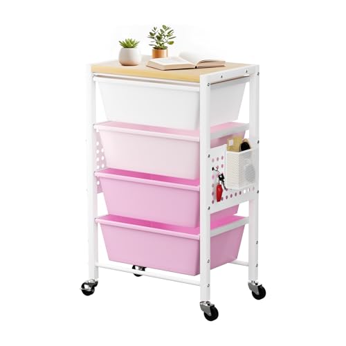 Rolling Cart with 4 Drawers, Plastic Drawer Storage Carts with Wheels & Wooden Tabletop, Metal Utility Cart with Pegboards, Office Living Room Classroom Craft Organization and Storage, Bright Pink - color: Bright Pink, size: 4-drawer