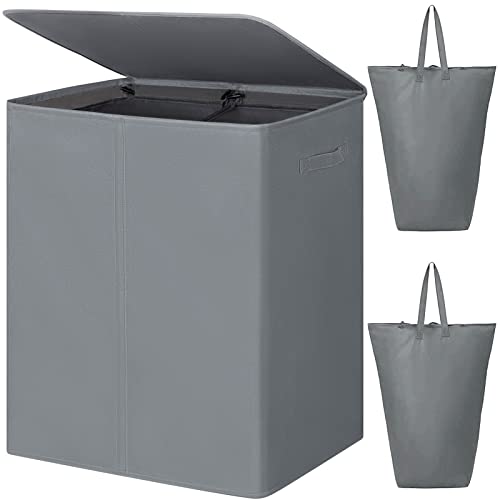 WOWLIVE 154L Double Laundry Hamper 2 Section with Lid and Removable Bags | Divided Laundry Basket, Large Dirty Clothes Hamper with Handle, Collapsible Laundry Storage for Dorm Room, College, Grey - color: Grey, size: 154l (24.8x 14.2 X 26.8 Inches)