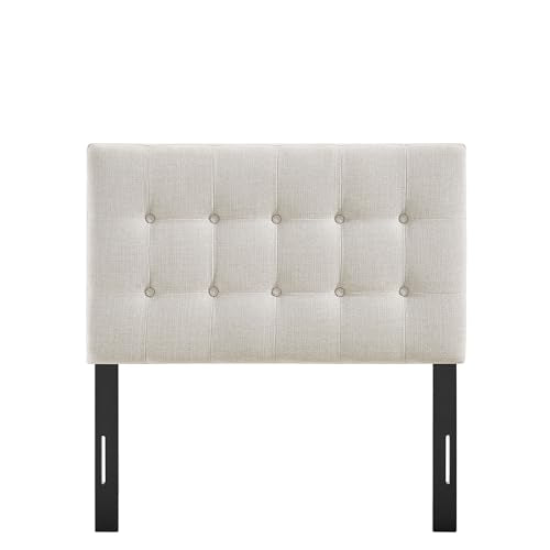 Modway Emily Twin Size Fabric Headboard in Linen - Linen-Like Upholstery with Button Tufting and 7 Adjustable Height Positions - color: Linen, size: Twin
