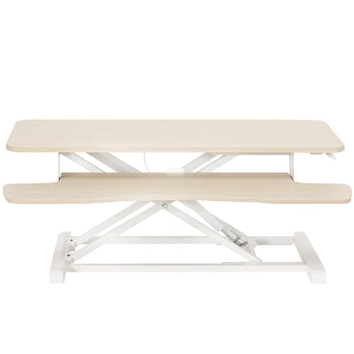 VIVO 36 inch Desk Converter, K Series, Height Adjustable Sit to Stand Riser, Dual Monitor and Laptop Workstation with Wide Keyboard Tray, Light Wood Top, White Frame, DESK-V036KF - color: Light Wood, size: 36"