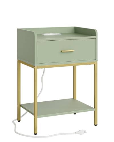 Masupu Nightstand with Charging Station,3-Tier Modern Bedside Night Stand with Storage Drawer and Shelf,Small End Side Table for Bedroom,Living Room,Gold and Green - color: Outlet-green