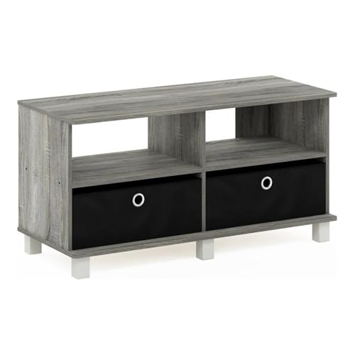 Furinno Andrey Entertainment Center with Bin Drawers, French Oak Grey/Black | Open Shelf TV Console for TV up to 46 Inch with Bin Drawers, for Living Room, Bedroom