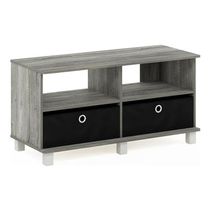 Furinno Andrey Entertainment Center with Bin Drawers, French Oak Grey/Black | Open Shelf TV Console for TV up to 46 Inch with Bin Drawers, for Living Room, Bedroom
