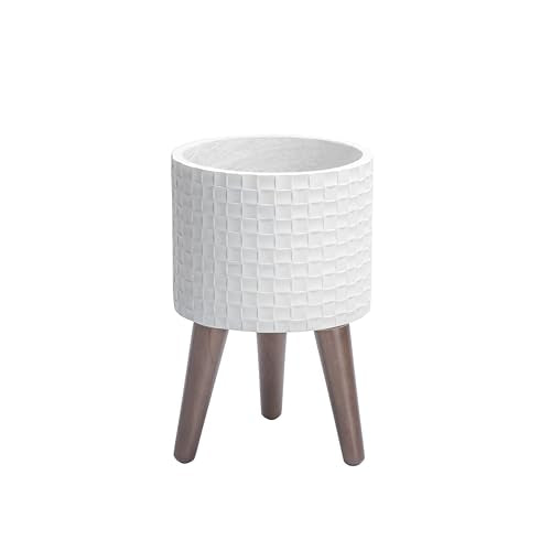D'vine Dev Planter Pot with Wood Stand, 8 in, Matte White, 88-Z-A-1 | Mid-Century Modern Style, Elevated Plant Display, Drainage Hole and Plug, Functional & Stylish, Modern Indoor Planter - color: Matte White, size: Small