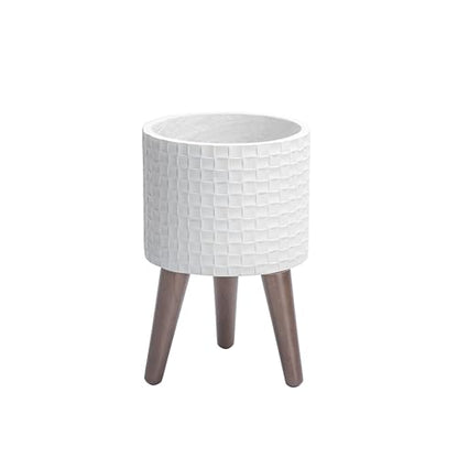 D'vine Dev Planter Pot with Wood Stand, 8 in, Matte White, 88-Z-A-1 | Mid-Century Modern Style, Elevated Plant Display, Drainage Hole and Plug, Functional & Stylish, Modern Indoor Planter - color: Matte White, size: Small