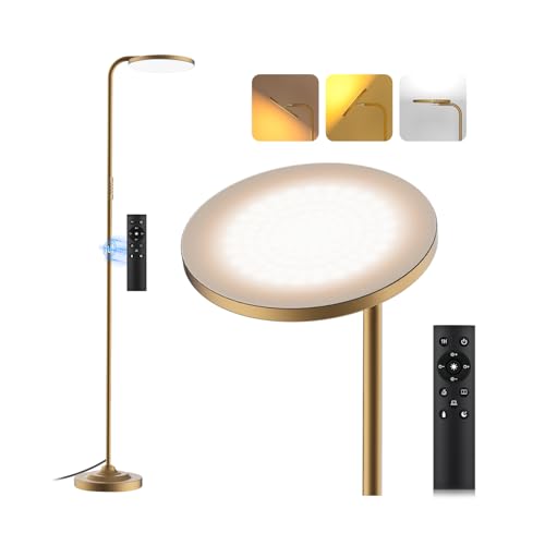36W LED Floor Lamp, Super Bright Standing Lamp, Modern Stepless Dimmable Torchiere Tall Lamp with Remote Control, 350°Rotating Head Reading Floor Lamp for Living Room, Bedroom, Office - color: Gold
