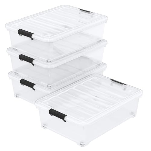 25 Quart Clear Plastic Underbed Storage Bins with Wheels, 4 Packs | Stackable Plastic Under Bed Latching Organization Box with Lids - size: 25 Quart