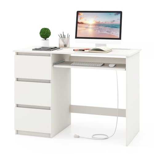 Tangkula White Desk with 3 Storage Drawers & Built-in Charging Station, Home Office Desk with Keyboard Tray, PC Desk Study Writing Table, Vanity Table for Bedroom, Computer Workstation (White) - color: White